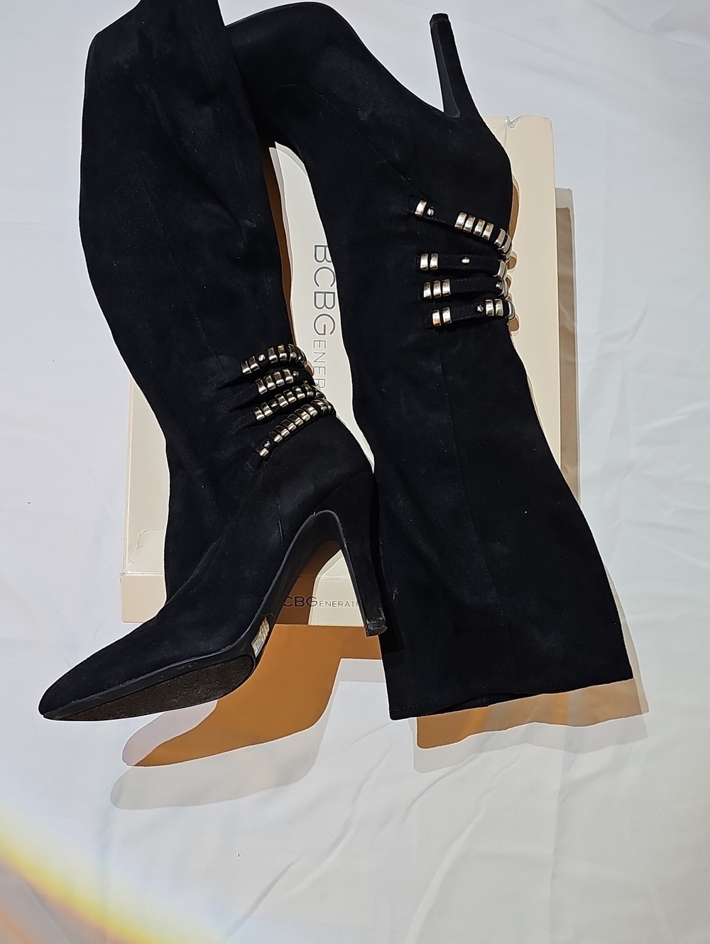 BCBGeneration Black Suede Knee-High Stiletto Boots with Metallic Bead Straps